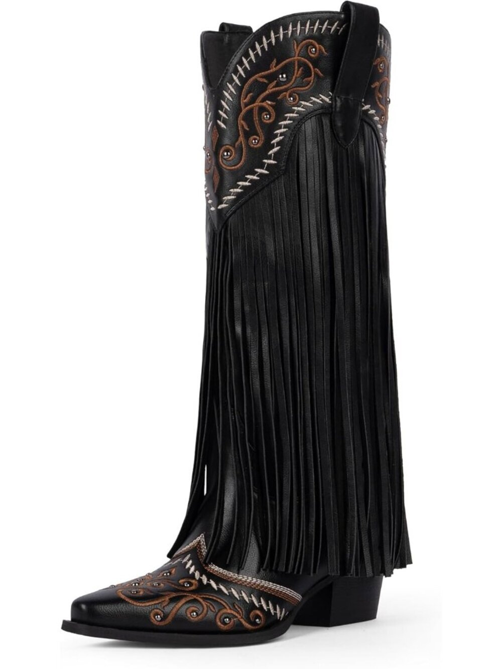 Women's Fringe Knee High Boots Black Embroidered Cowgirl Pointed Toe Chunky Heel